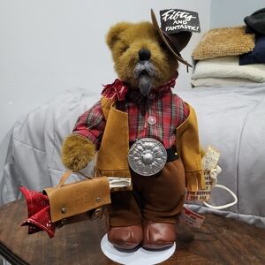 Vintage Tender Heart Treasures Cowboy Bear ~In stand ~Brown Plush~ 90s